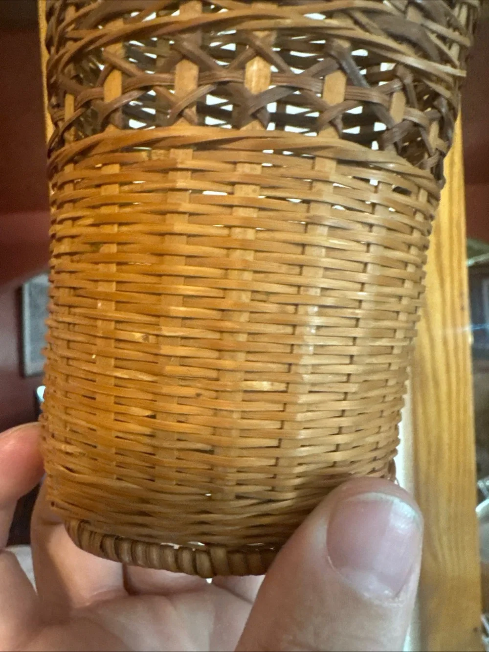 vintage two-toned woven wicker wall pocket basket
